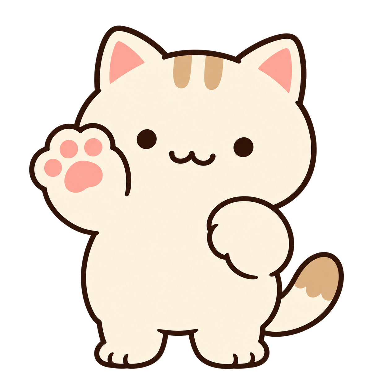 ピンクの肉球で手を振るクリーム色のねこ